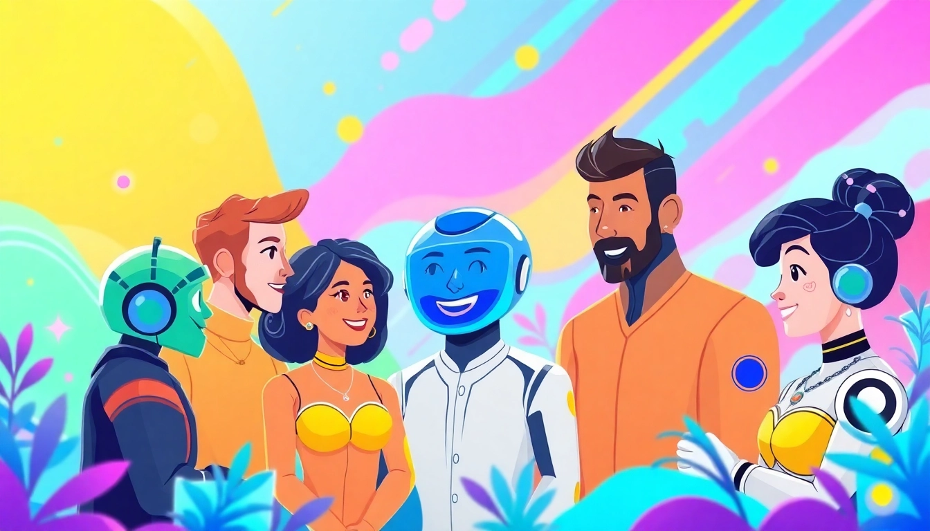 Engaging AI character chat no limits with diverse avatars interacting in a vibrant digital environment.