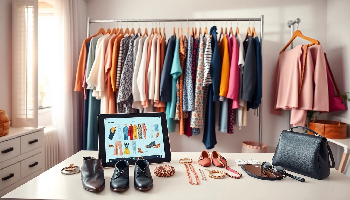 Create a stylish outfit planner setup with a digital tablet, clothing rack, and trendy accessories.