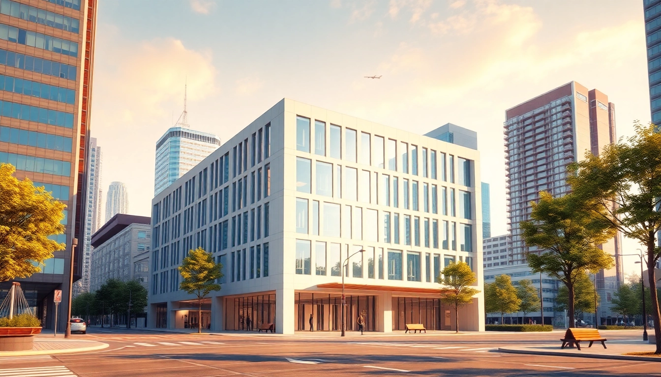 Visualisierung Architektur: beeindruckende 3D-Darstellung eines modernen Gebäudes in einer urbanen Umgebung.